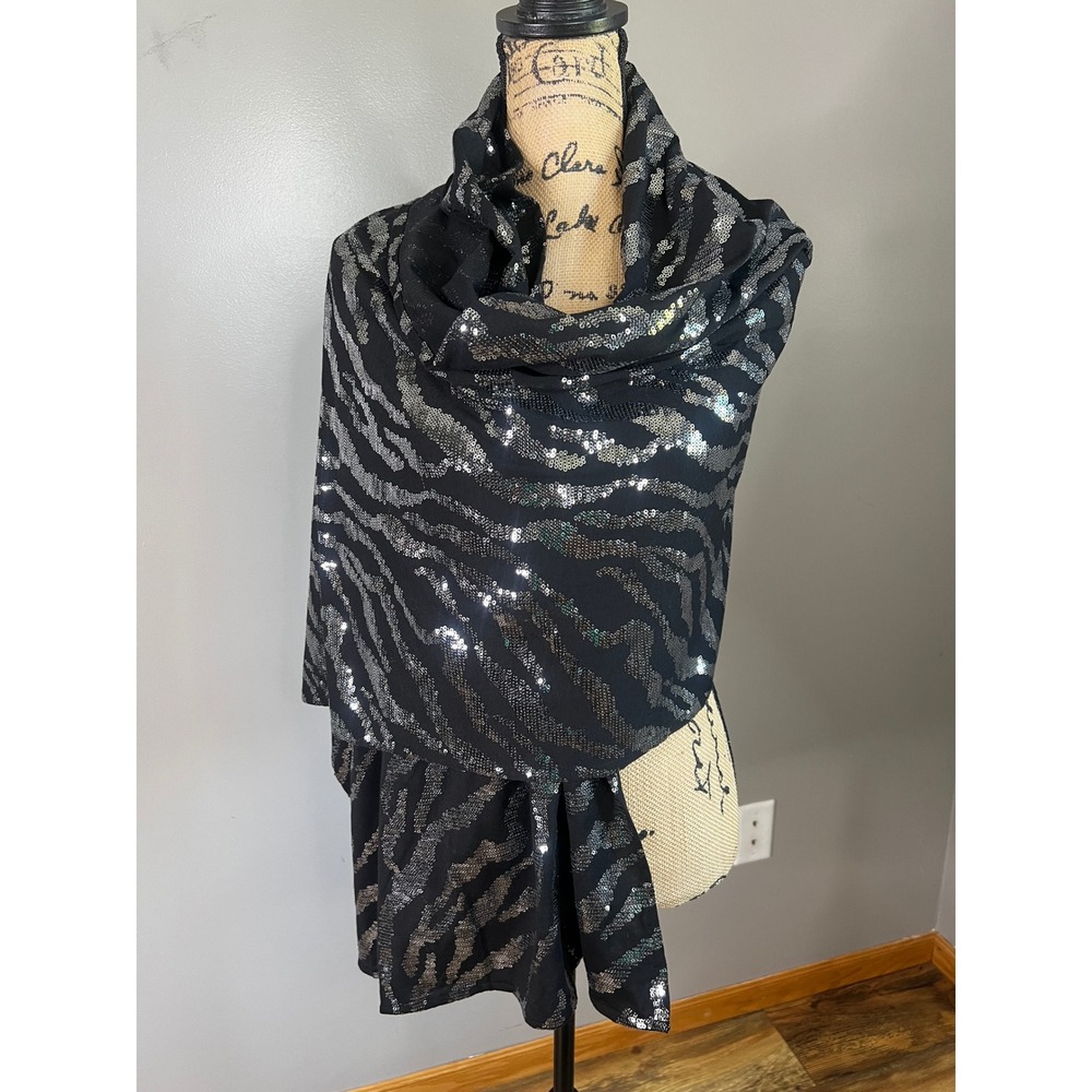 Frosting by Mary Norton Zebra Sequin Wrap Scarf Black Silver Evening Shawl glam